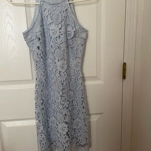 Lulu’s Elegant Lace Halter Mini-Dress in Light Blue